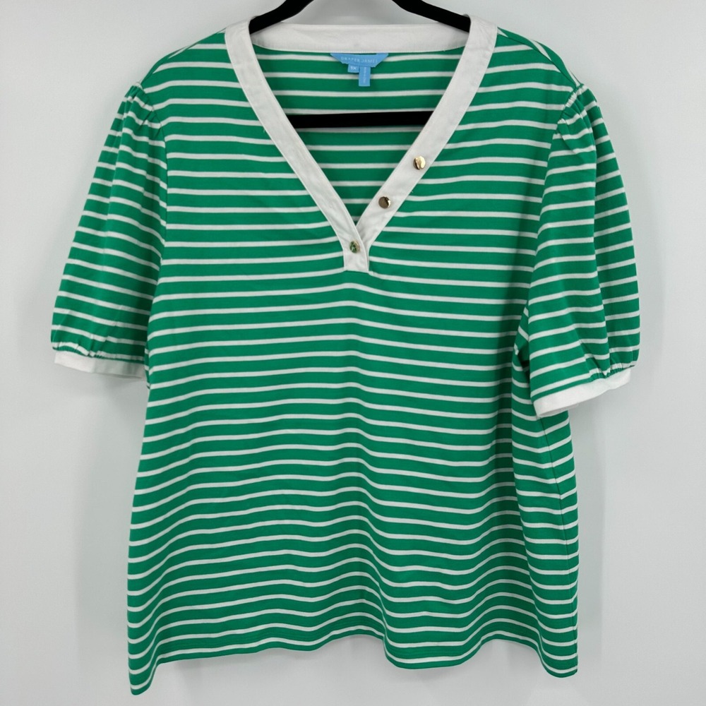 Draper James T-Shirt Women's 1X Green White Striped Stretch Puff Sleeve Pullover